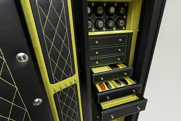 6018 bespoke leather safe interior with watch winders and jewelry drawers